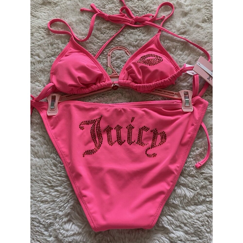 Juicy Couture Lips Triangle Bikini Set Lips Charm Pink Logo In Bottom Size M NEW